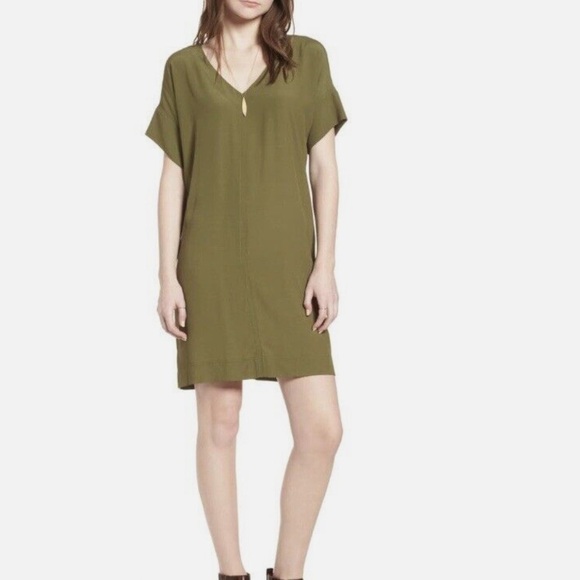 Madewell Olive Short Sleeve Shift Dress Sz XXS T-shirt Slipson V-neck Side Vents - Picture 1 of 12